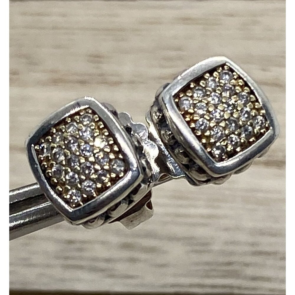 Lagos Caviar 18k Yellow Gold Silver Pave Set Diamond Beaded Square 14K Post